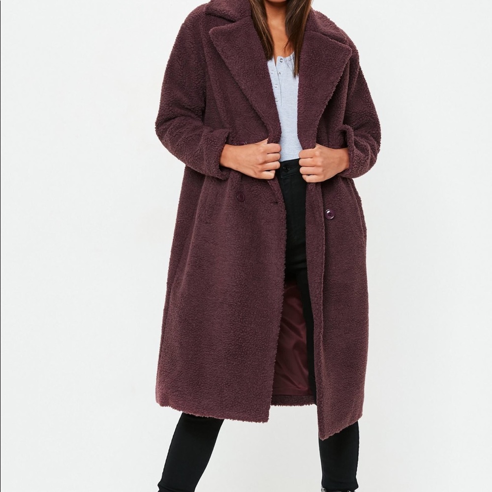 MISSGUIDED Petite Wine Longline Borg Coat SZ 2